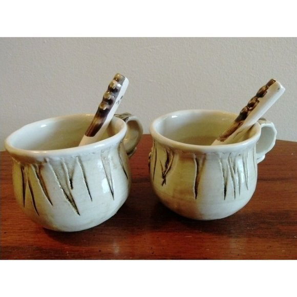 2 Sunflower Coffee Tea Cups Mugs Spoons Handmade Glazed Pottery Studio Crafted - Picture 7 of 11